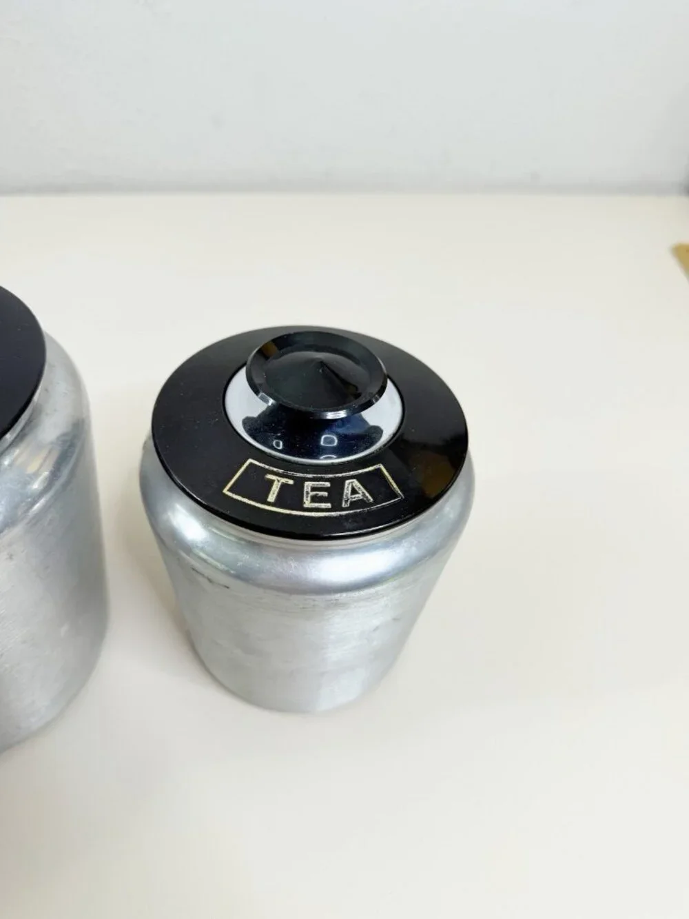 Vintage Kromex Aluminum Canister Set of 4 Flour Sugar Coffee Tea Black Lids EUC